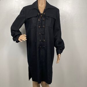 Cheetah B Sherrie Bloom Black Linen Long Sleeves Collared Dress